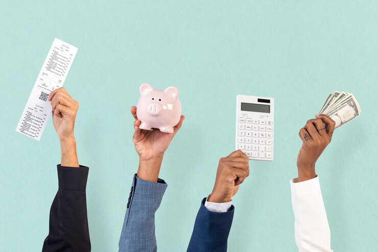 aplicativos para gestão financeira pessoas segurando dinheiro, calculadora, extrato bancário